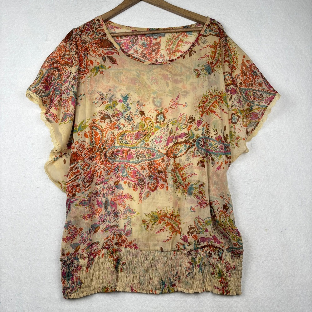 World Market Blouse Womens L XL Sheer Smocked Hem Boho